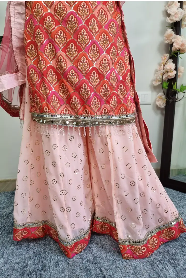 Straight Suit With Plazo Bottom With Contrast Duppatta in Red