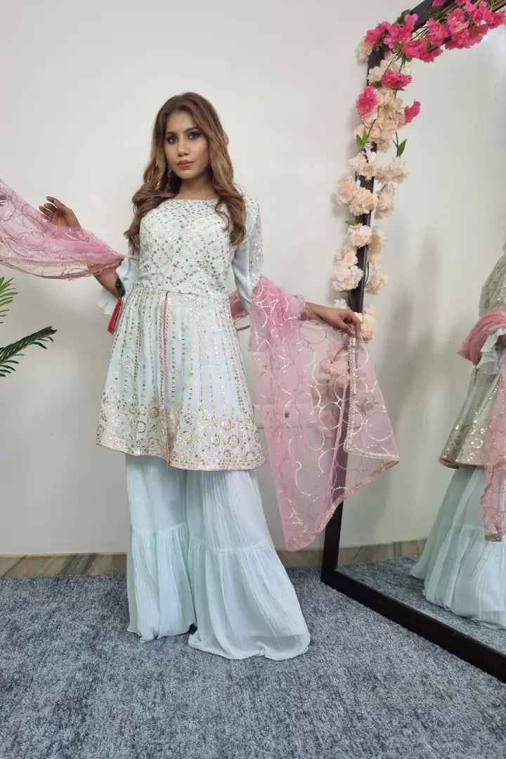 Multi Thread And Sequence Work Peplum Sharara Suit With Contast Duppatta In Pink