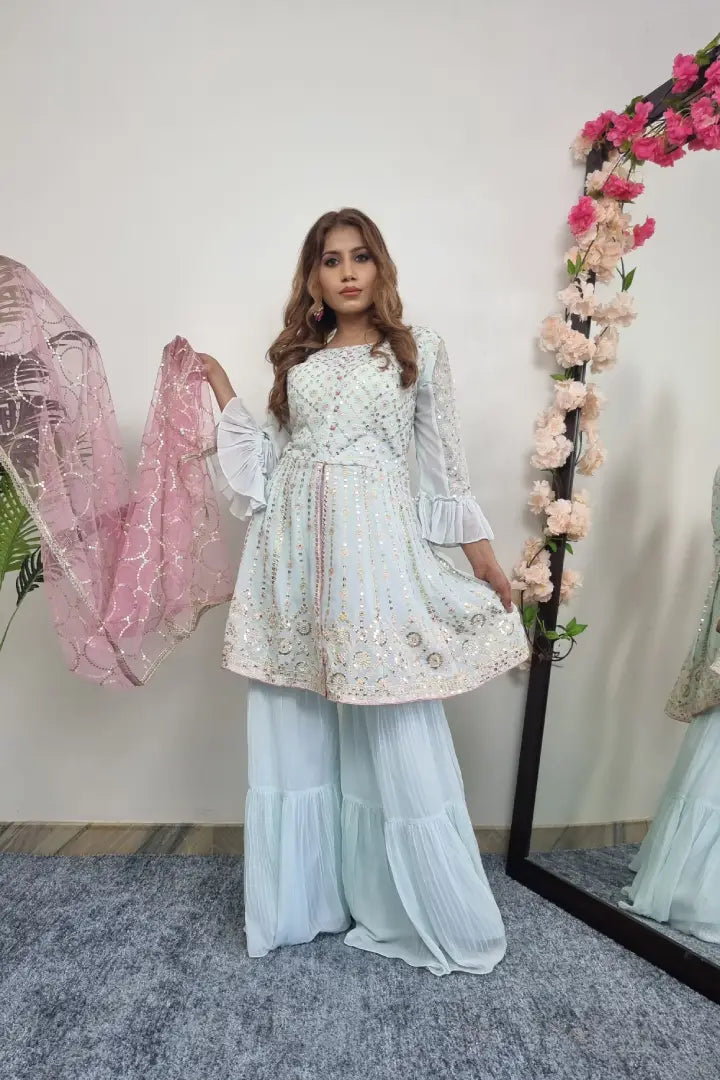 Multi Thread And Sequence Work Peplum Sharara Suit With Contast Duppatta In Pink