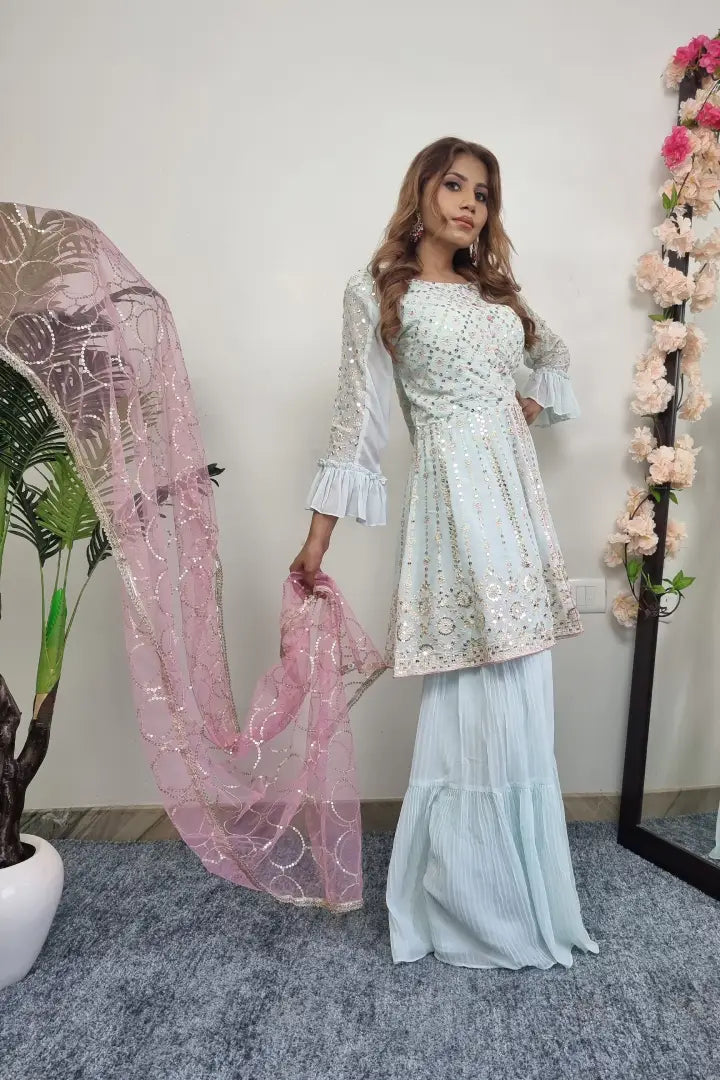 Multi Thread And Sequence Work Peplum Sharara Suit With Contast Duppatta In Pink