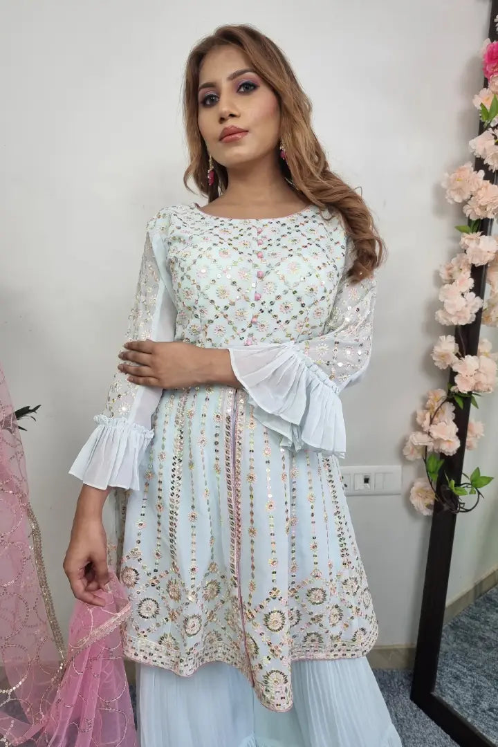 Multi Thread And Sequence Work Peplum Sharara Suit With Contast Duppatta In Pink