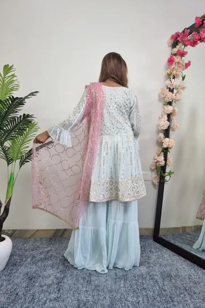 Multi Thread And Sequence Work Peplum Sharara Suit With Contast Duppatta In Pink