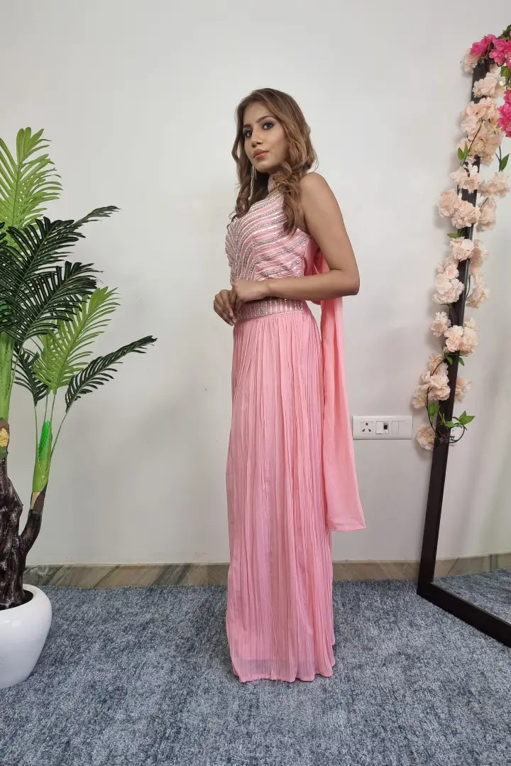 Designer Crop Top Sharara Dress In Pink