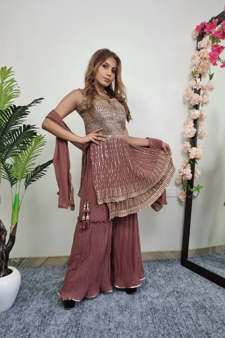 Zari Embroidered Peplum Sharara Suit With Duppatta In Rust