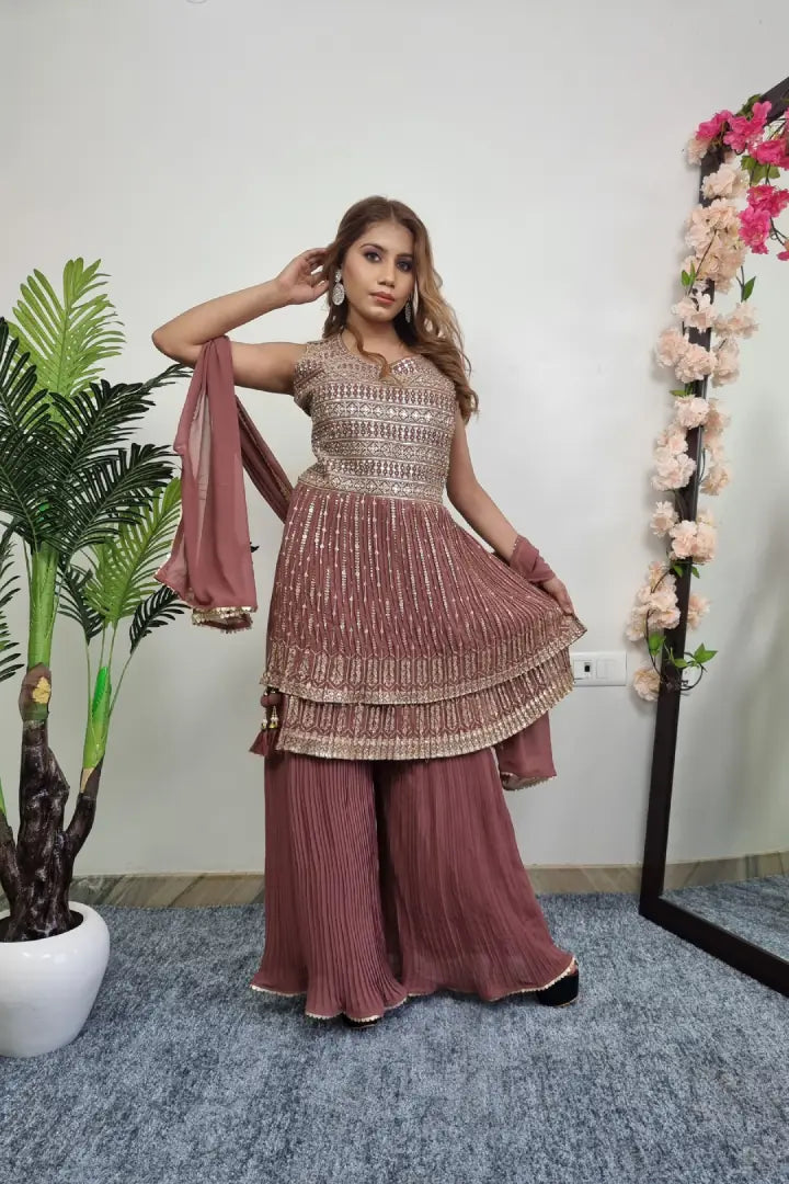 Zari Embroidered Peplum Sharara Suit With Duppatta In Rust