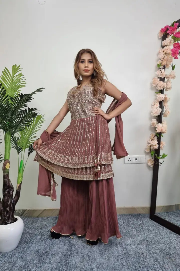 Zari Embroidered Peplum Sharara Suit With Duppatta In Rust