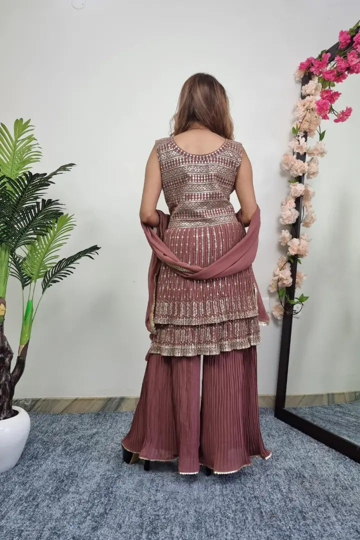 Zari Embroidered Peplum Sharara Suit With Duppatta In Rust
