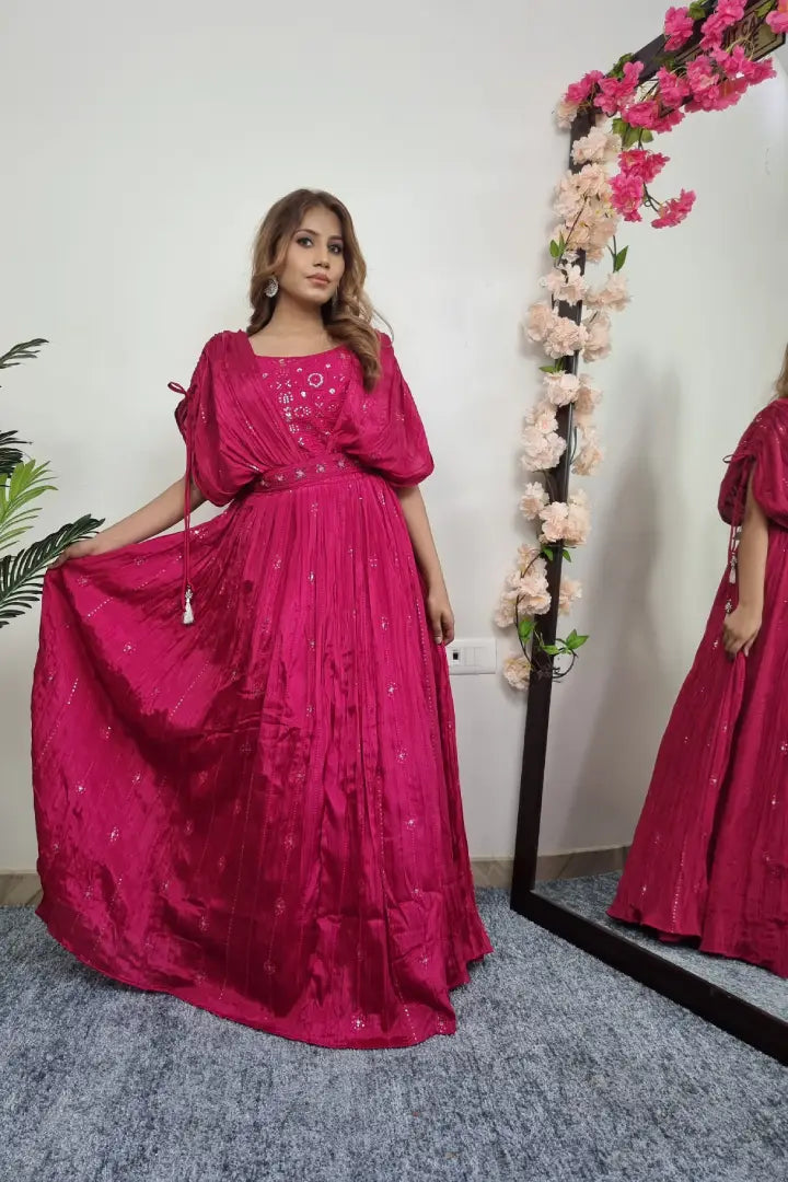 Drop Shoulder Cape Style Designer Dress in Fushia Pink