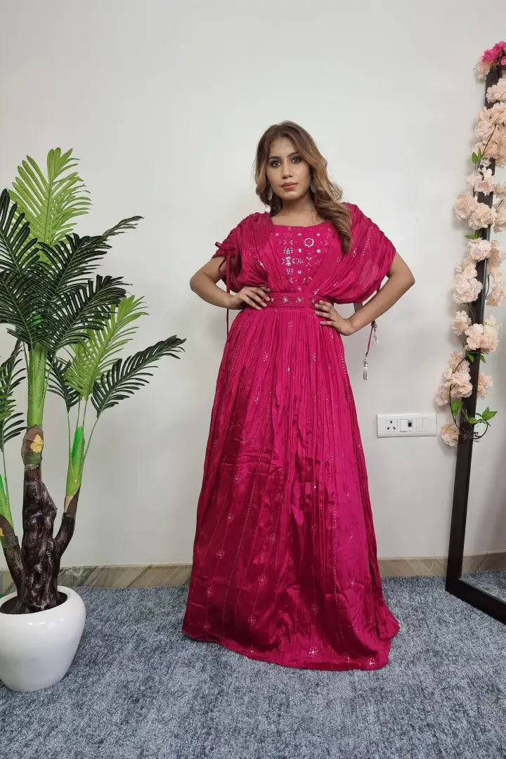Drop Shoulder Cape Style Designer Dress in Fushia Pink