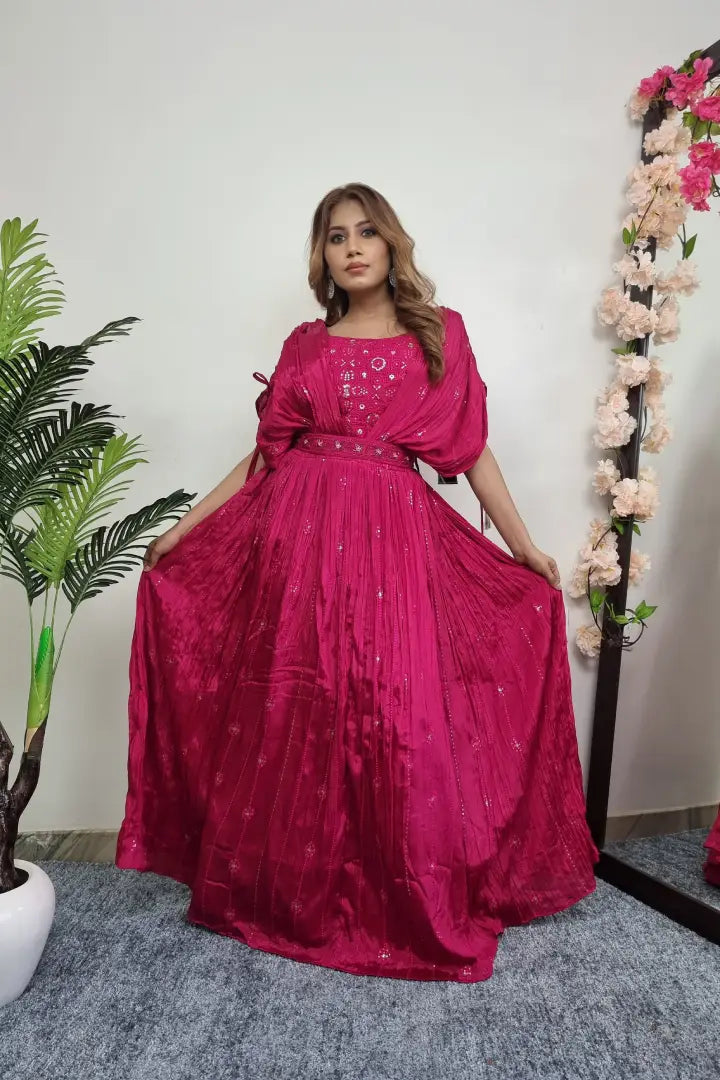Drop Shoulder Cape Style Designer Dress in Fushia Pink