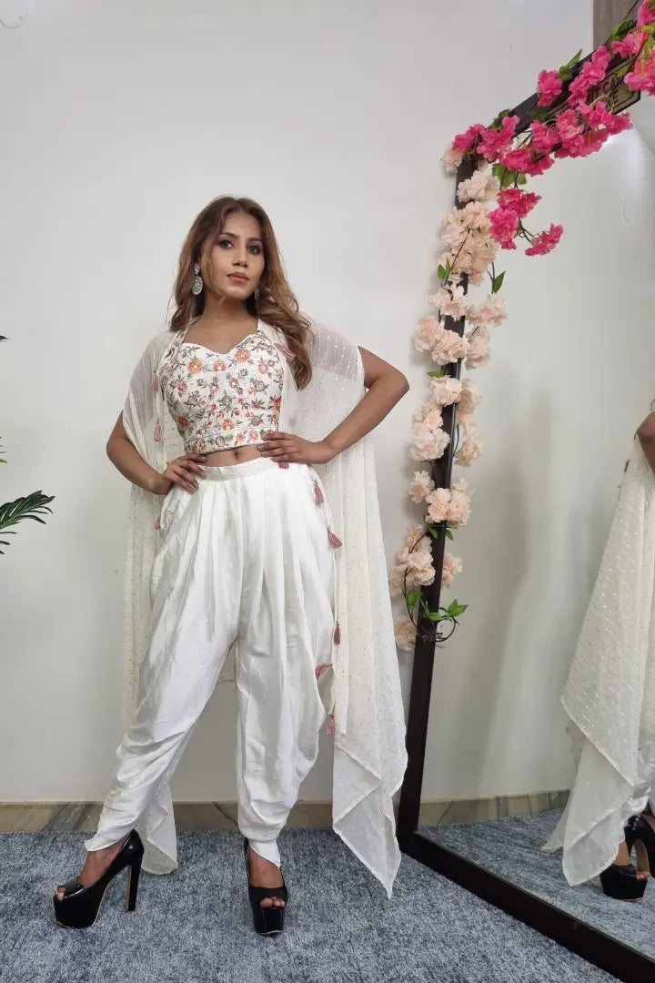 Embroidered Crop Top With Tulip Bottom With Shrug In Off white