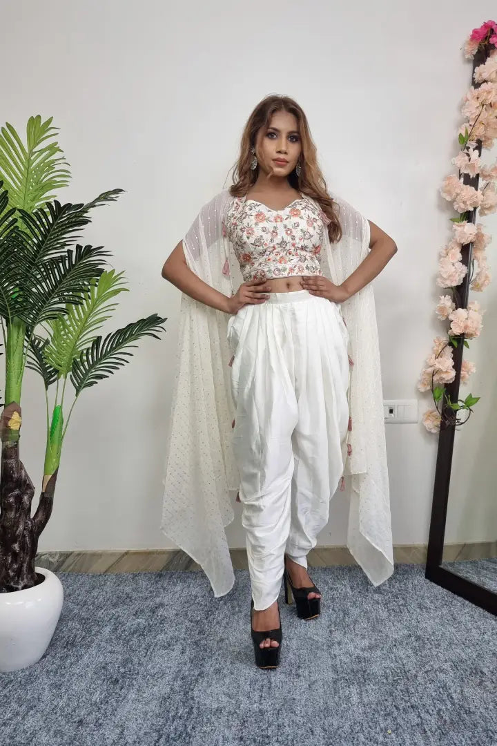 Embroidered Crop Top With Tulip Bottom With Shrug In Off white