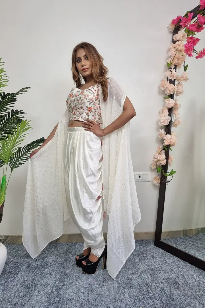 Embroidered Crop Top With Tulip Bottom With Shrug In Off white