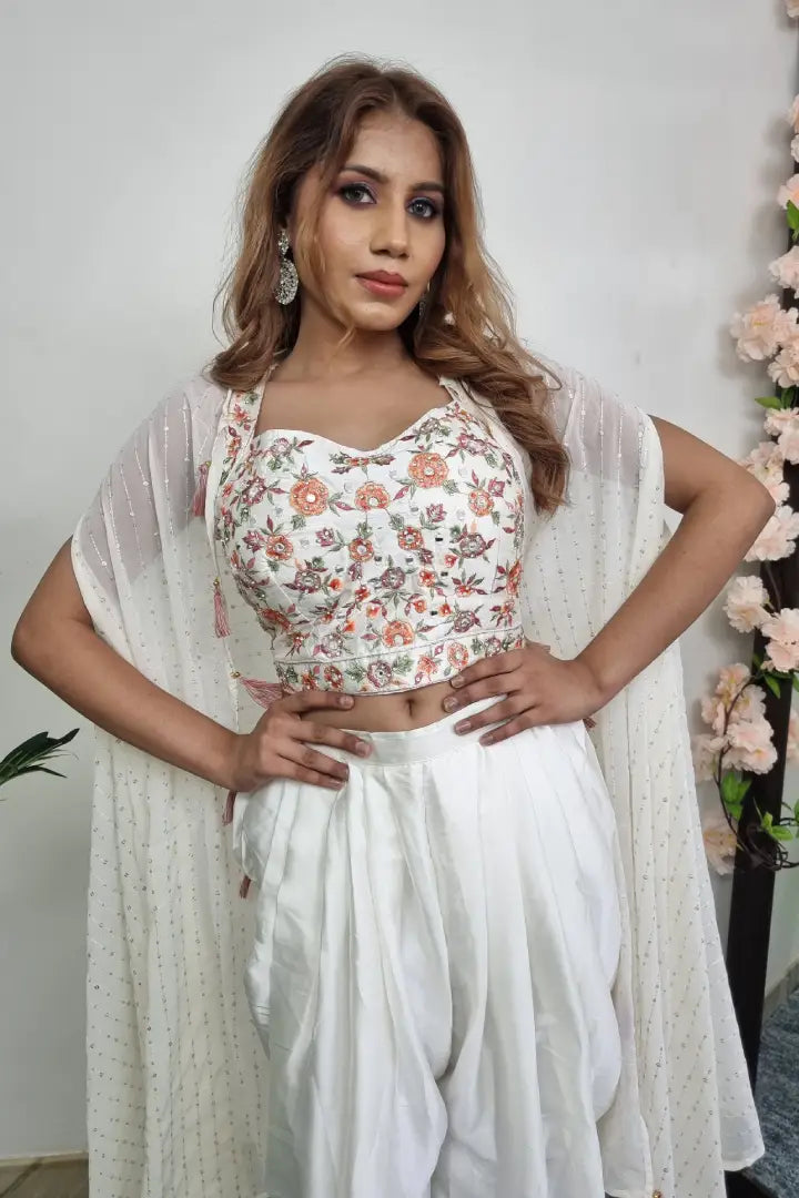 Embroidered Crop Top With Tulip Bottom With Shrug In Off white