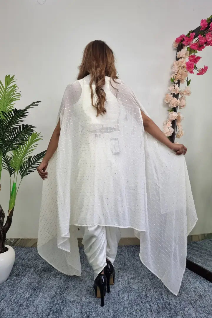 Embroidered Crop Top With Tulip Bottom With Shrug In Off white