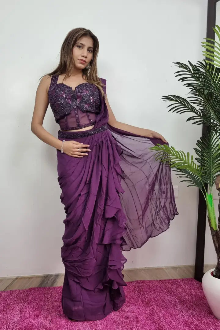 Designer Top Ready To Wear Drape Saree In Wine