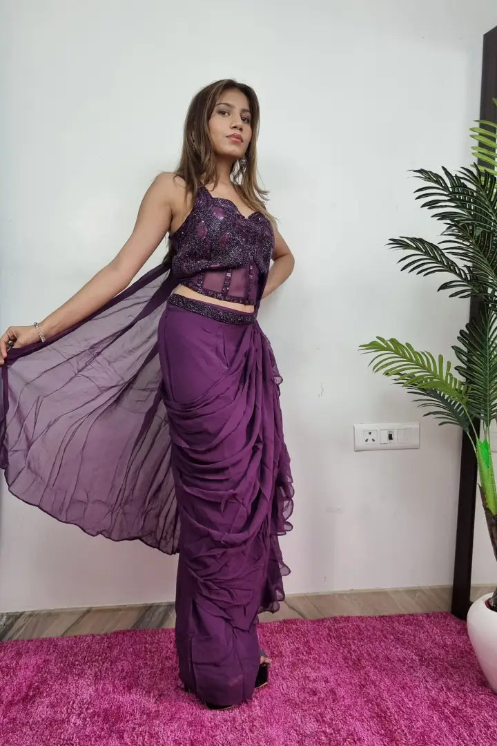 Designer Top Ready To Wear Drape Saree In Wine