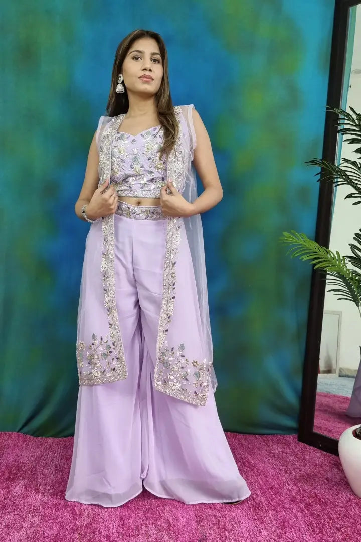 Shrug Tulip Clothing Dresses Crop Top Plazo Dress With Pearl Beads