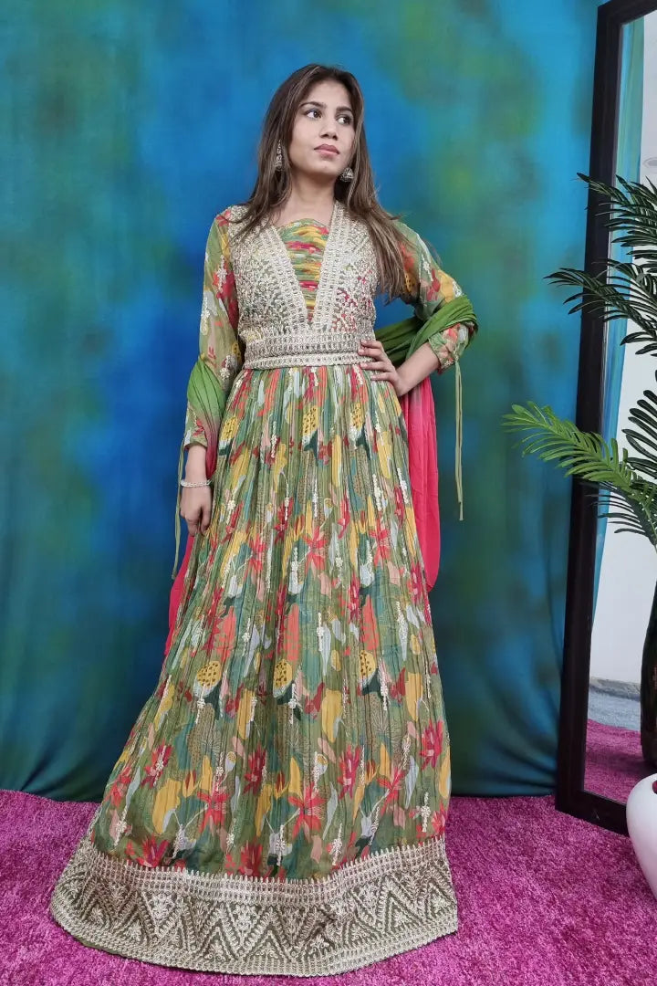 Alia Cut Chinon Partywear Anarkali Dress in Green Spend Worth