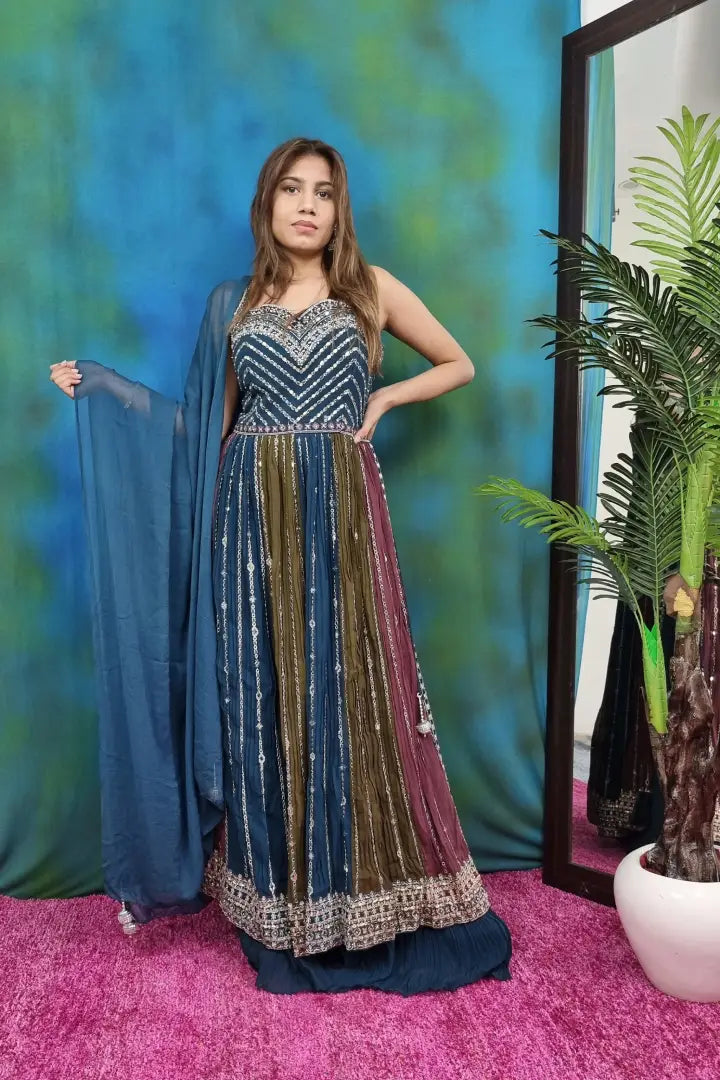 Multi Long Anarkali Partywear Suit Set With plazo