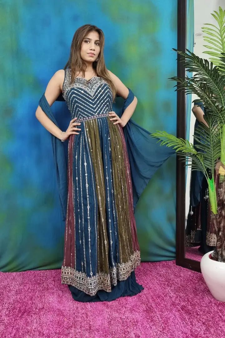 Multi Long Anarkali Partywear Suit Set With plazo