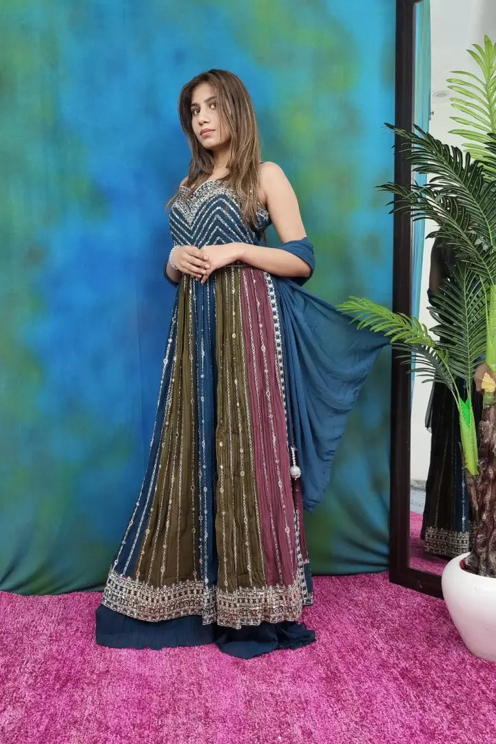 Multi Long Anarkali Partywear Suit Set With plazo