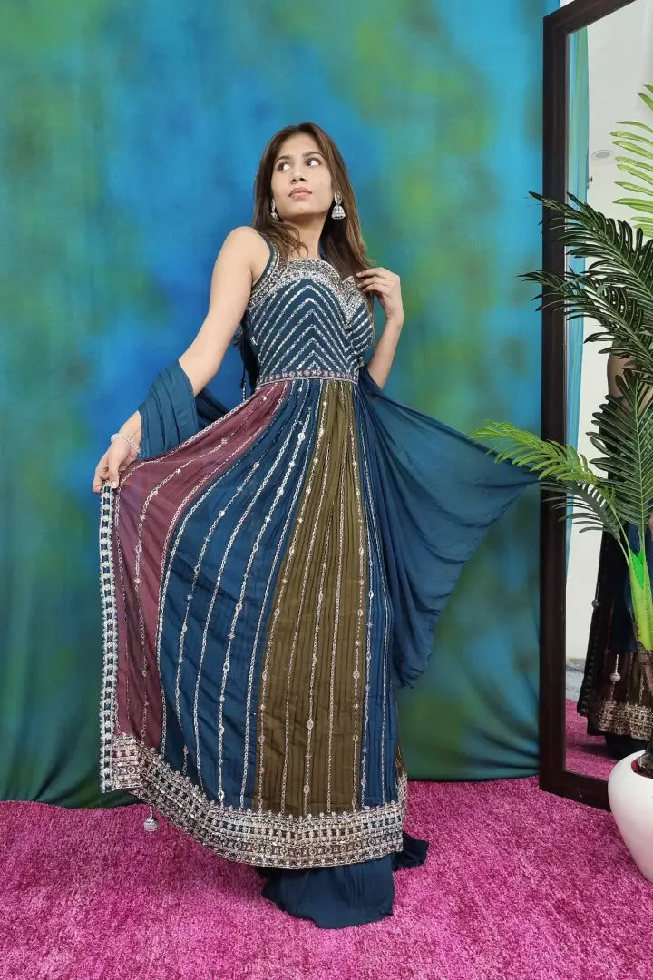 Multi Long Anarkali Partywear Suit Set With plazo