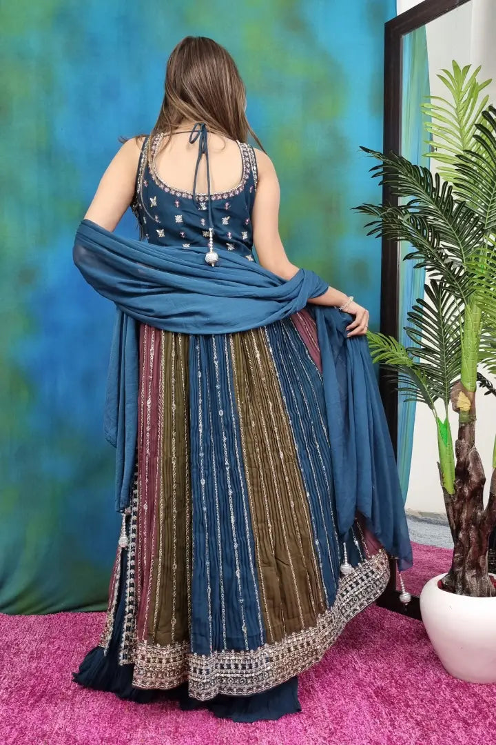 Multi Long Anarkali Partywear Suit Set With plazo