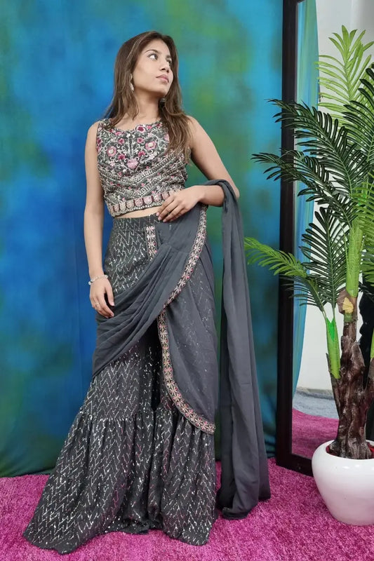 Crop Top Sharara Dress With Attached Drape in Grey