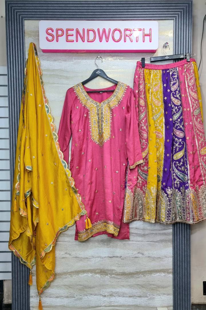 Pakistani Style Partywear Kurta With Multi Embroidered Skirt Bottom