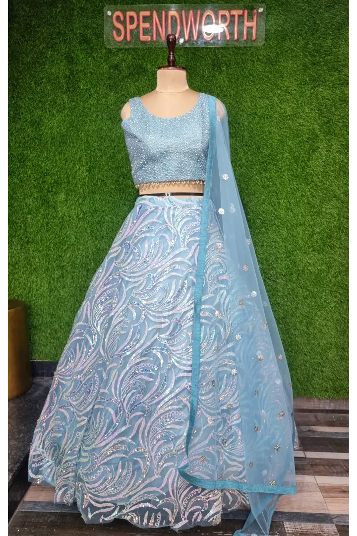 Decent Crop Top Skirt with HAnd Embellished Blouse With Sequence Work Flared Skirt