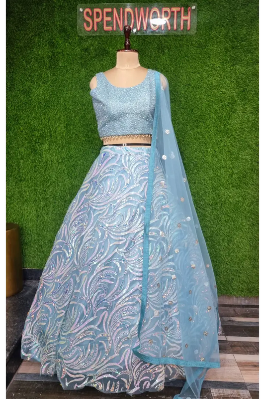Decent Crop Top Skirt with HAnd Embellished Blouse With Sequence Work Flared Skirt