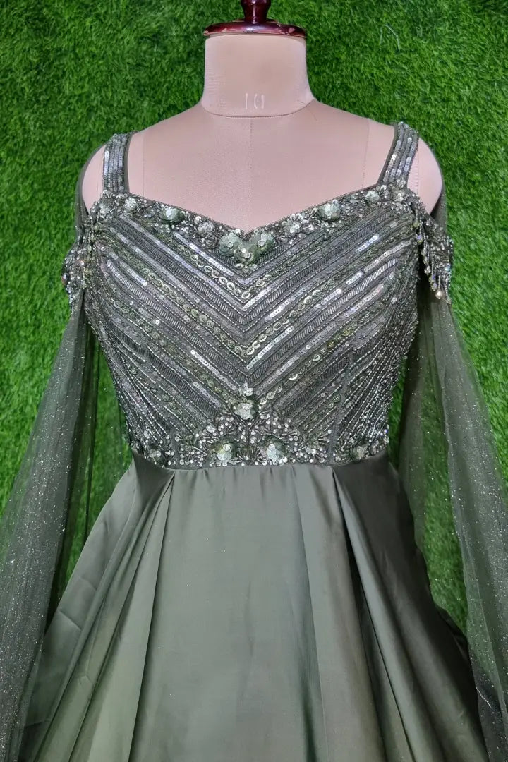Designer Long Sleeves Hand Embellished Yoke Full Flared Anarkali In Olive