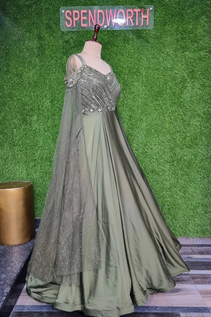 Designer Long Sleeves Hand Embellished Yoke Full Flared Anarkali In Olive