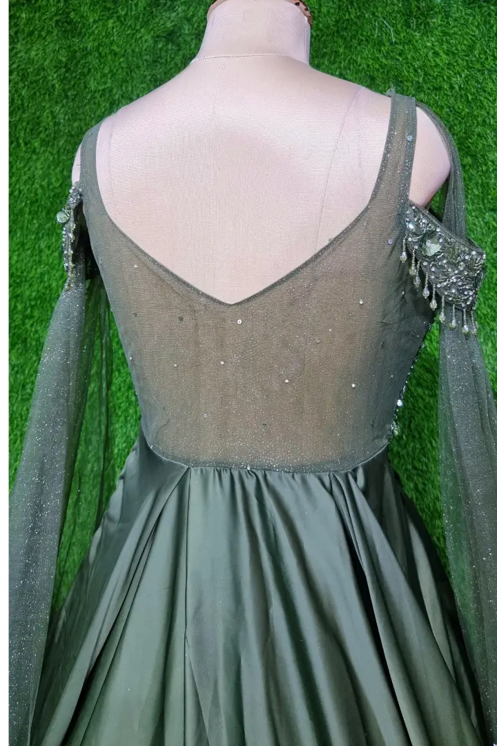 Designer Long Sleeves Hand Embellished Yoke Full Flared Anarkali In Olive