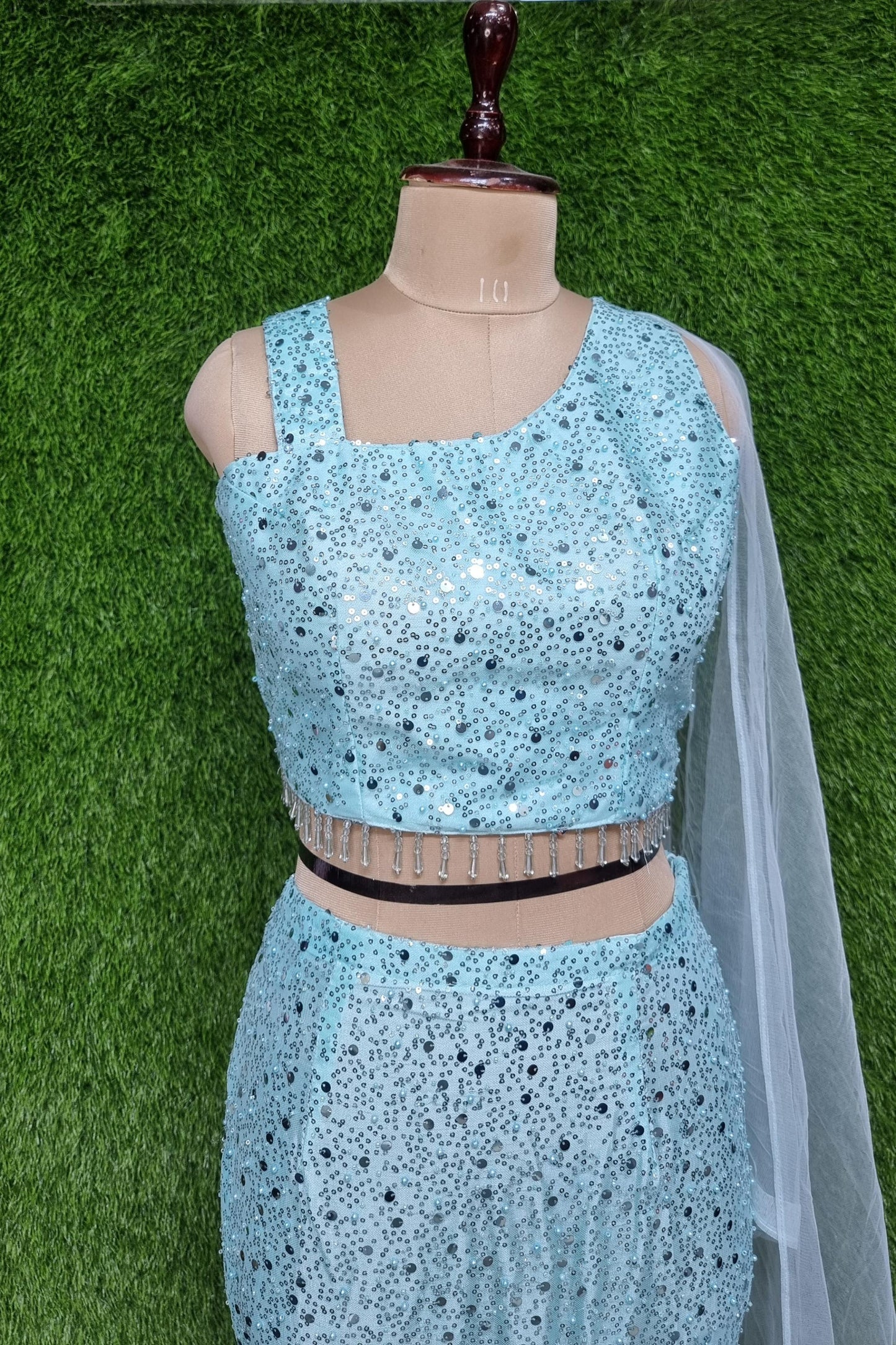 Full Embellished Partywear Fish Cut Crop Top Skirt in Sky Blue
