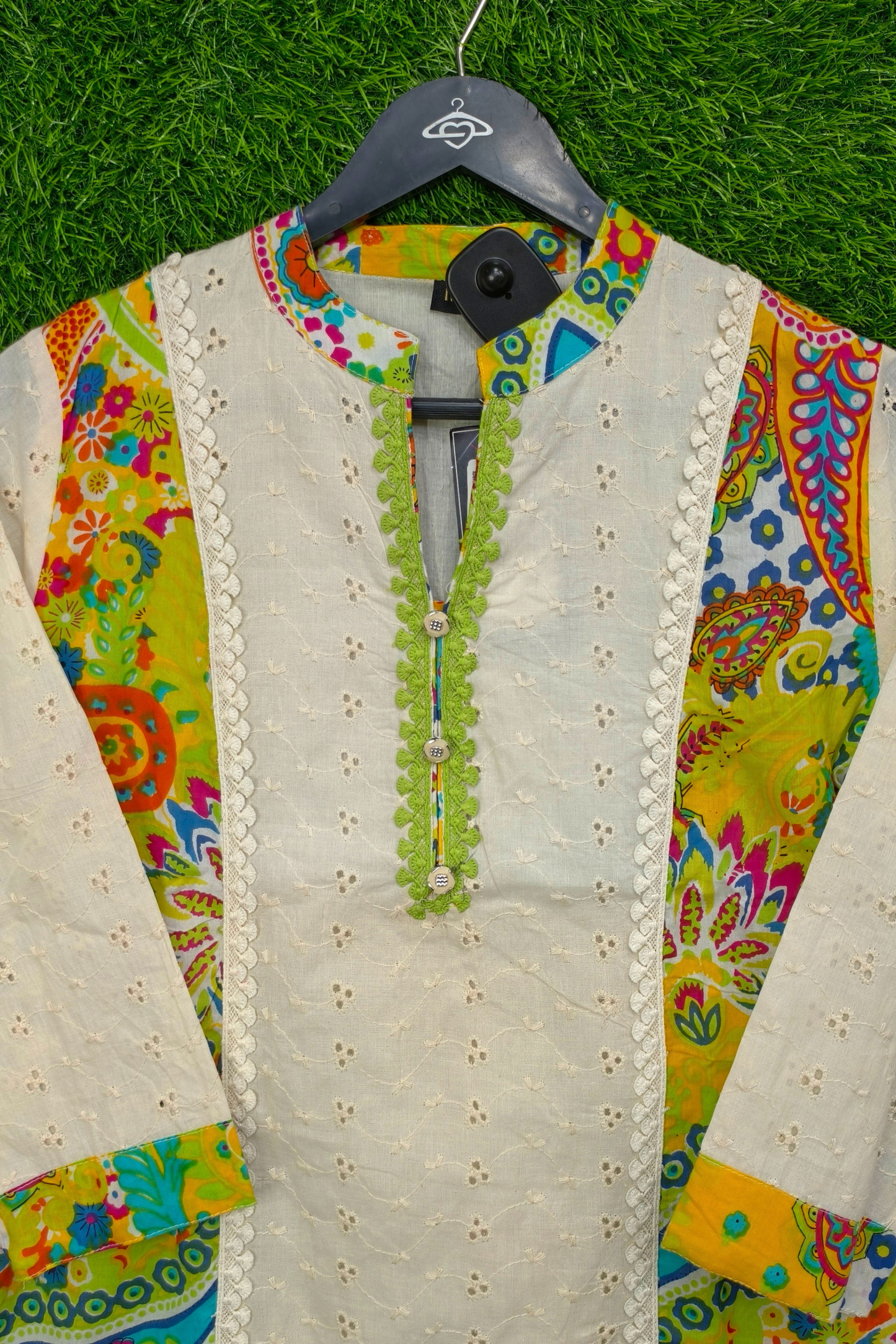 Off White Chiffli Work Pure Cotton Printed Cord Set