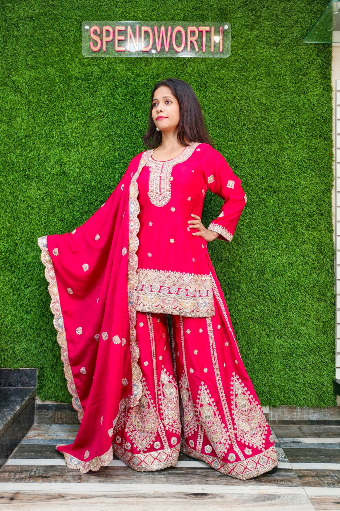 Beautiful Contrast Embroidery Sharara suit in Hot Pink.