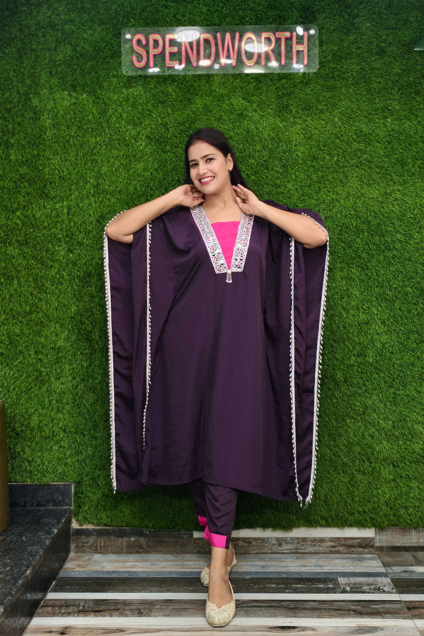 Elegant Mirror Work Embroidered Kaftans in Crepe