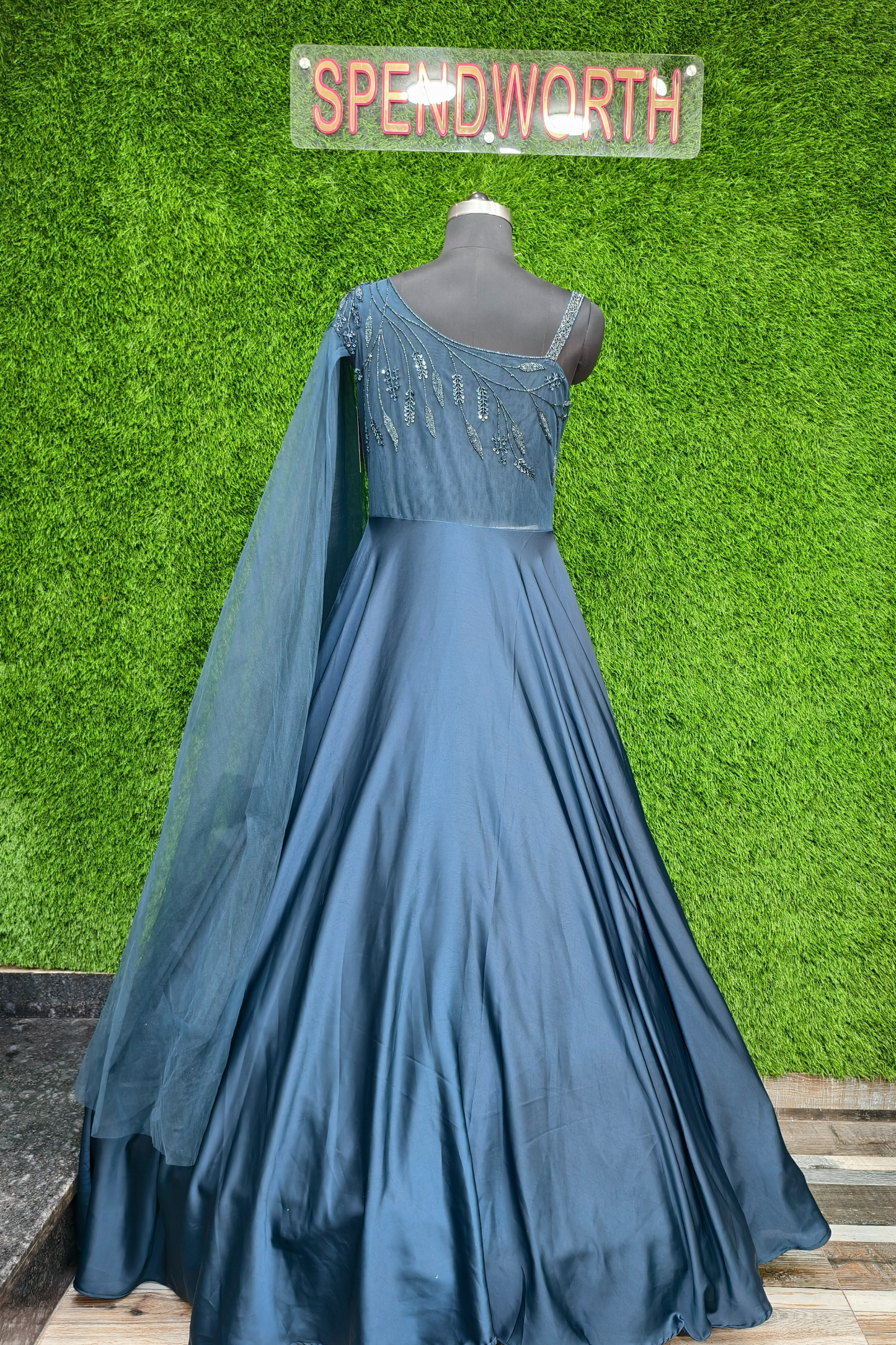 One side Shoulder Heavy Flare Embroidered Gown
