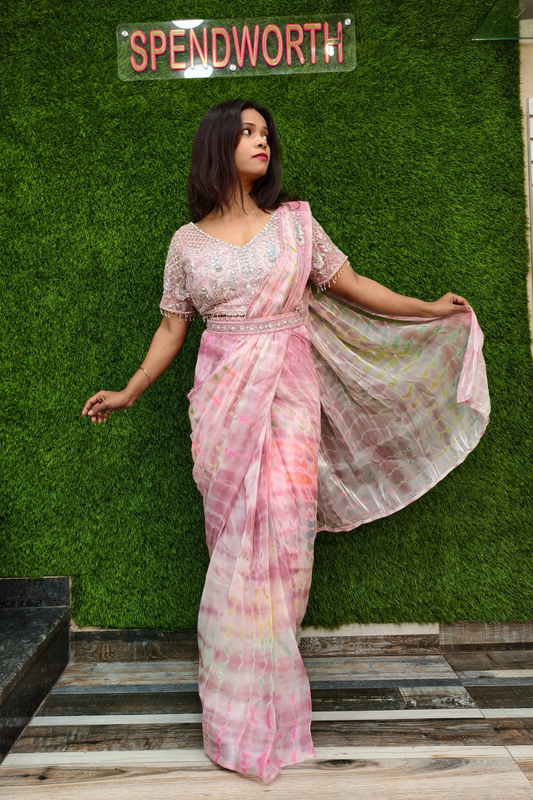 Hand Embellished Blouse Drape  Saree in Pink.