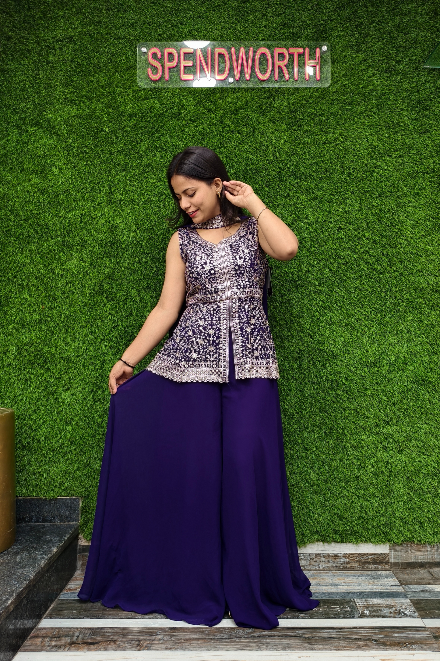Short Peplum Girlish Plazo Suit in Purple