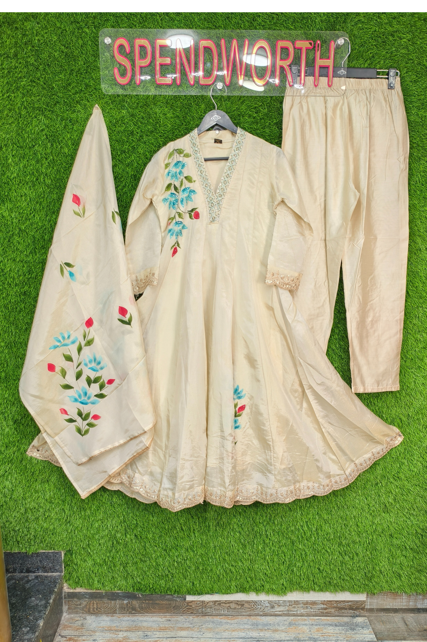 V Neck Embroidered Tissue Silk Kurta with Pants and Dupatta