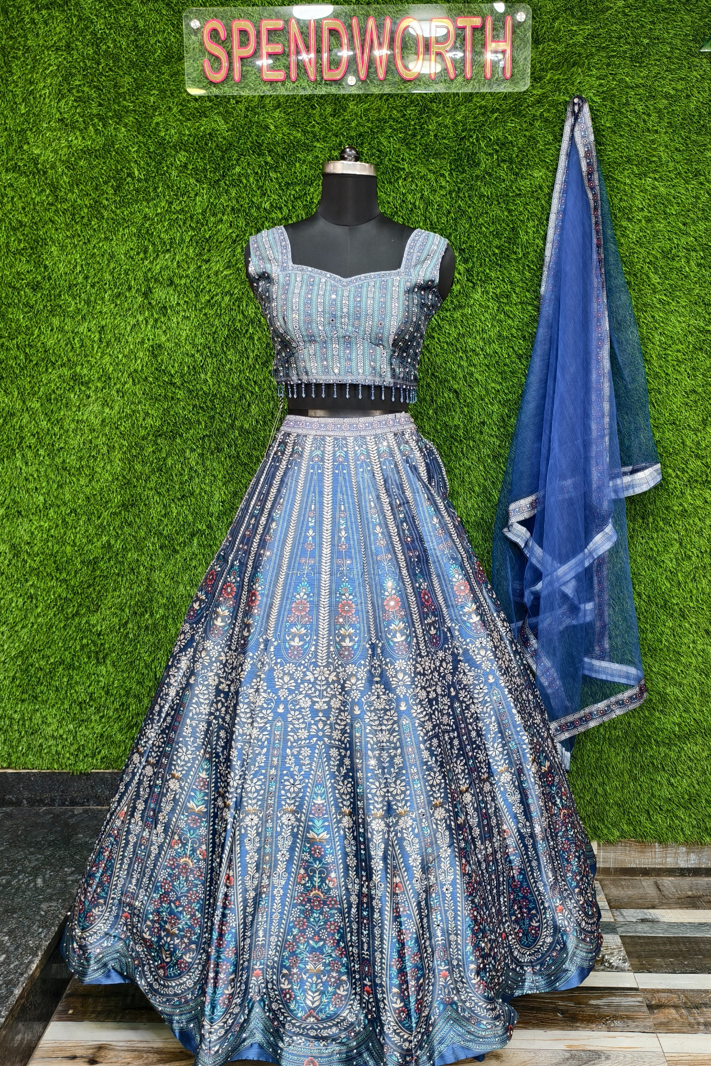 Silk Printed Lehenga Choli in Blue.
