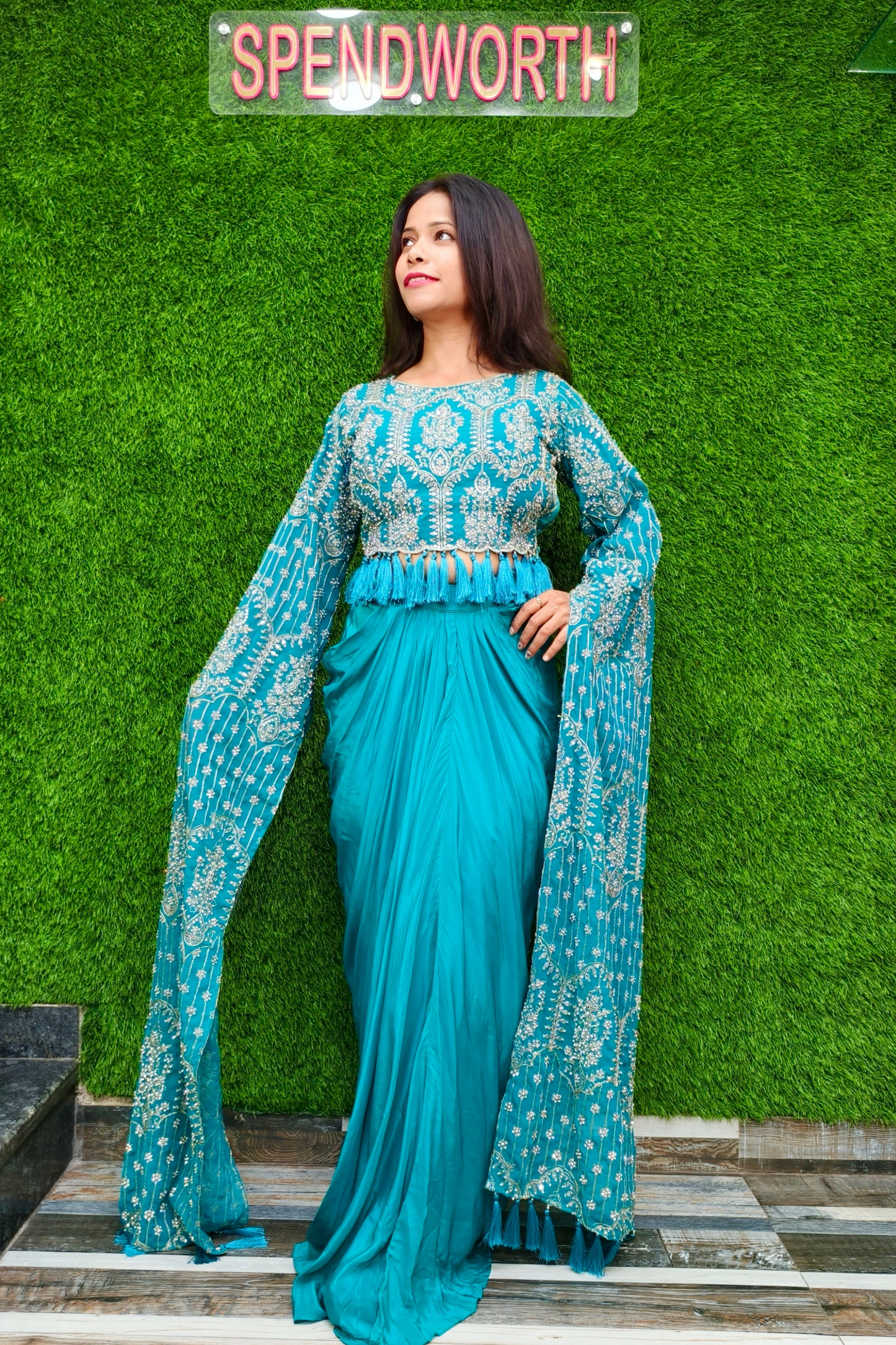 Designer crop top skirt with long sleeves