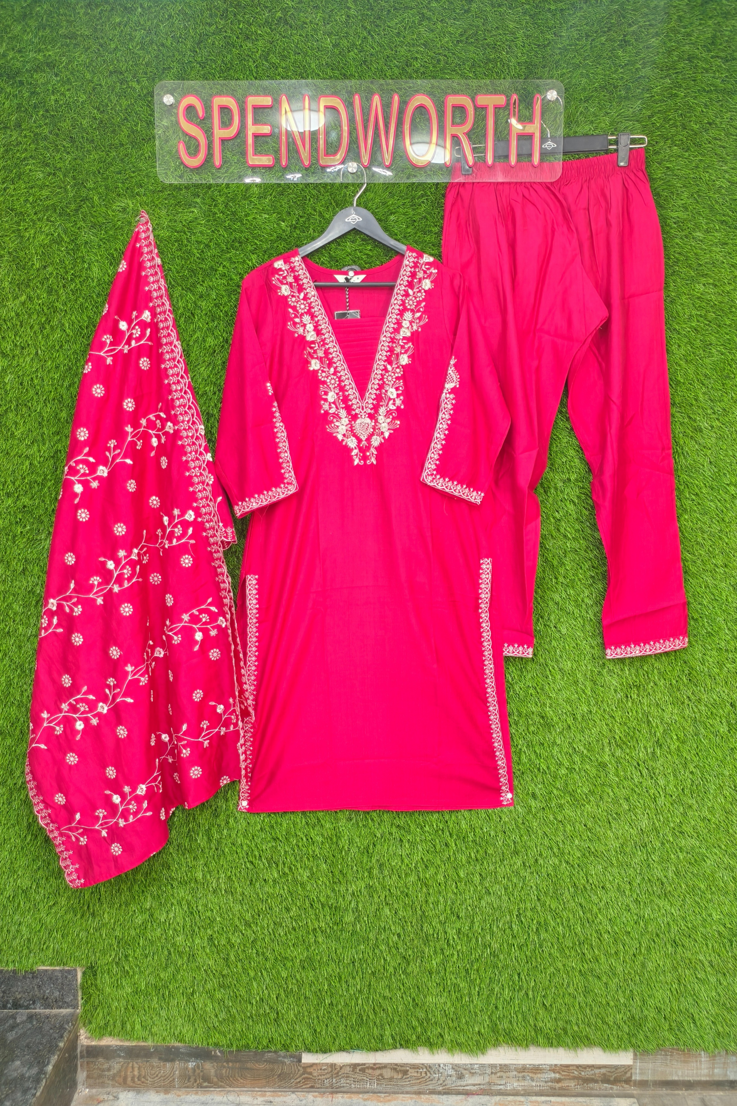 Straight Silk Embroidered V-neck design Pakistani suit with pants and dupatta