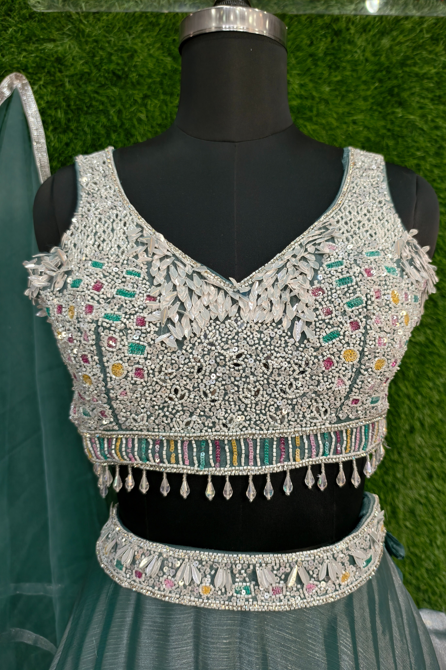 Box Pleated Crop Top Skirt with Hand Work Blouse