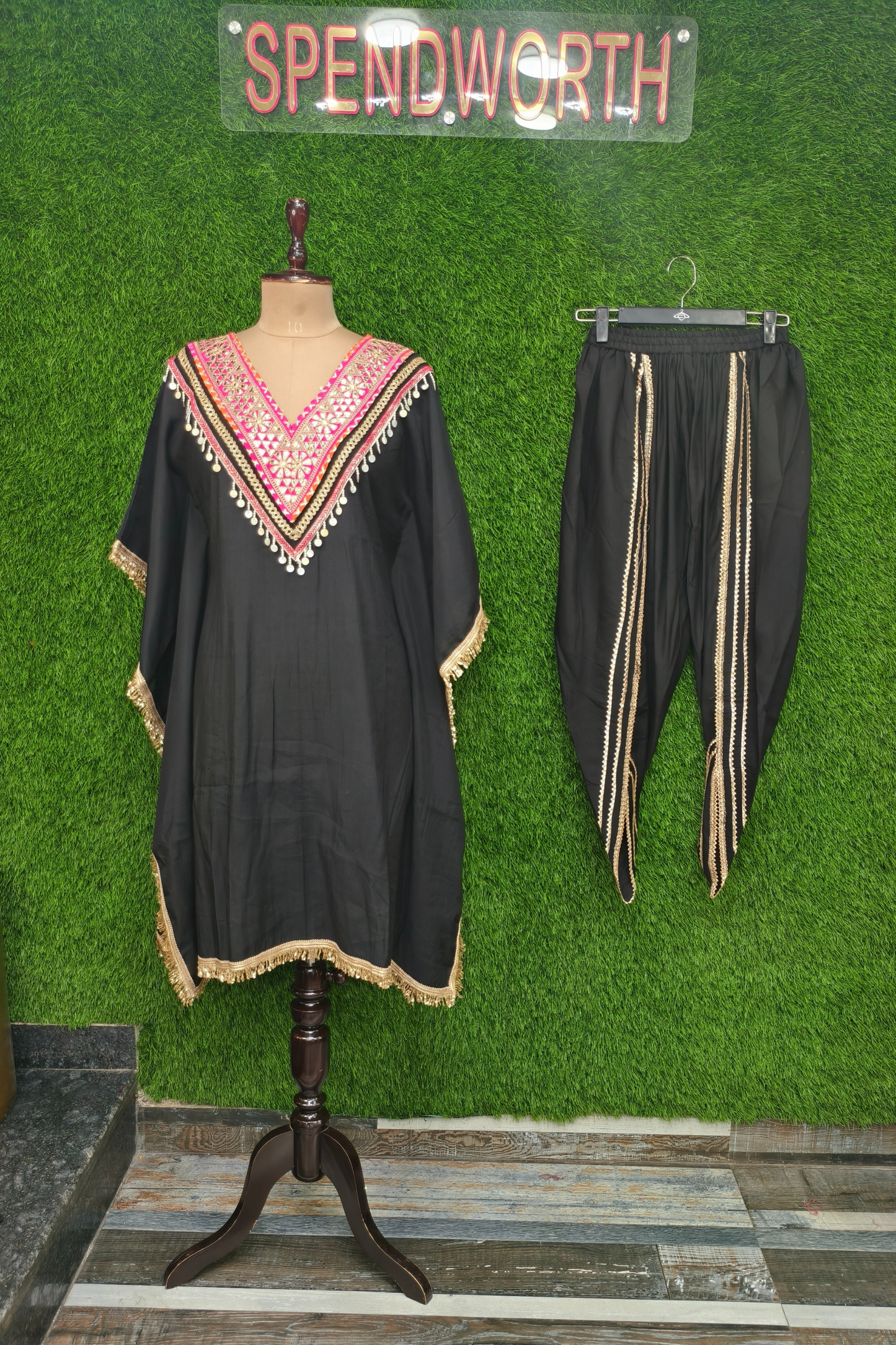 Roman silk Designer V neck Gota Patti work Embroidered Kaftan