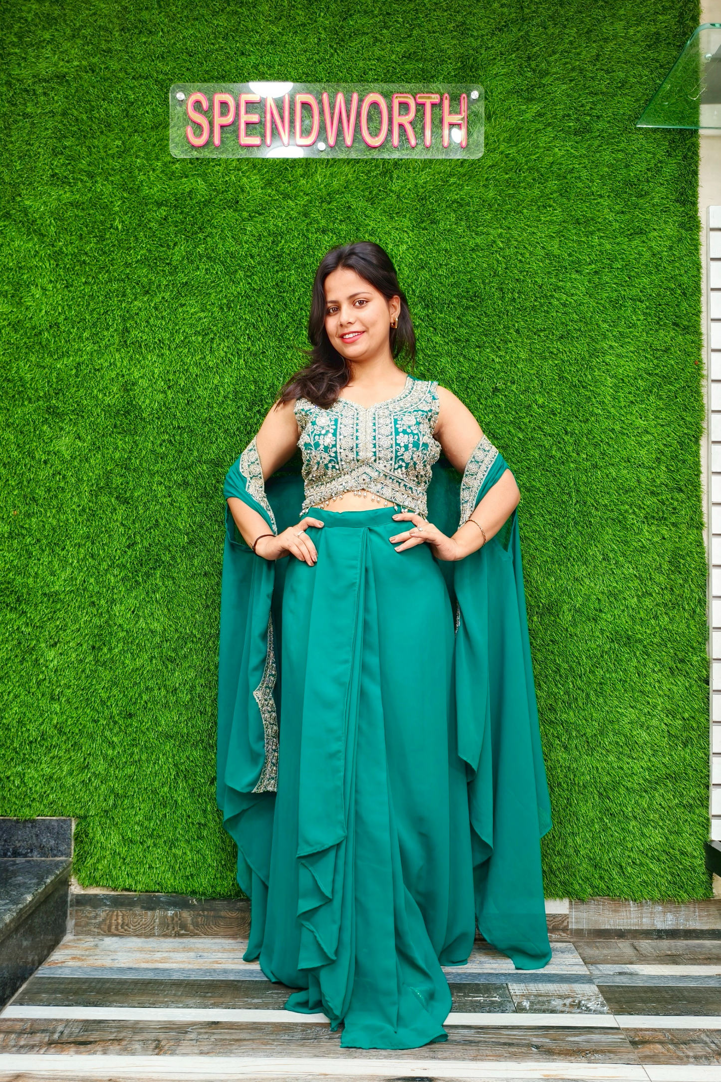 Indo Western Dress with Shrug in Firozi