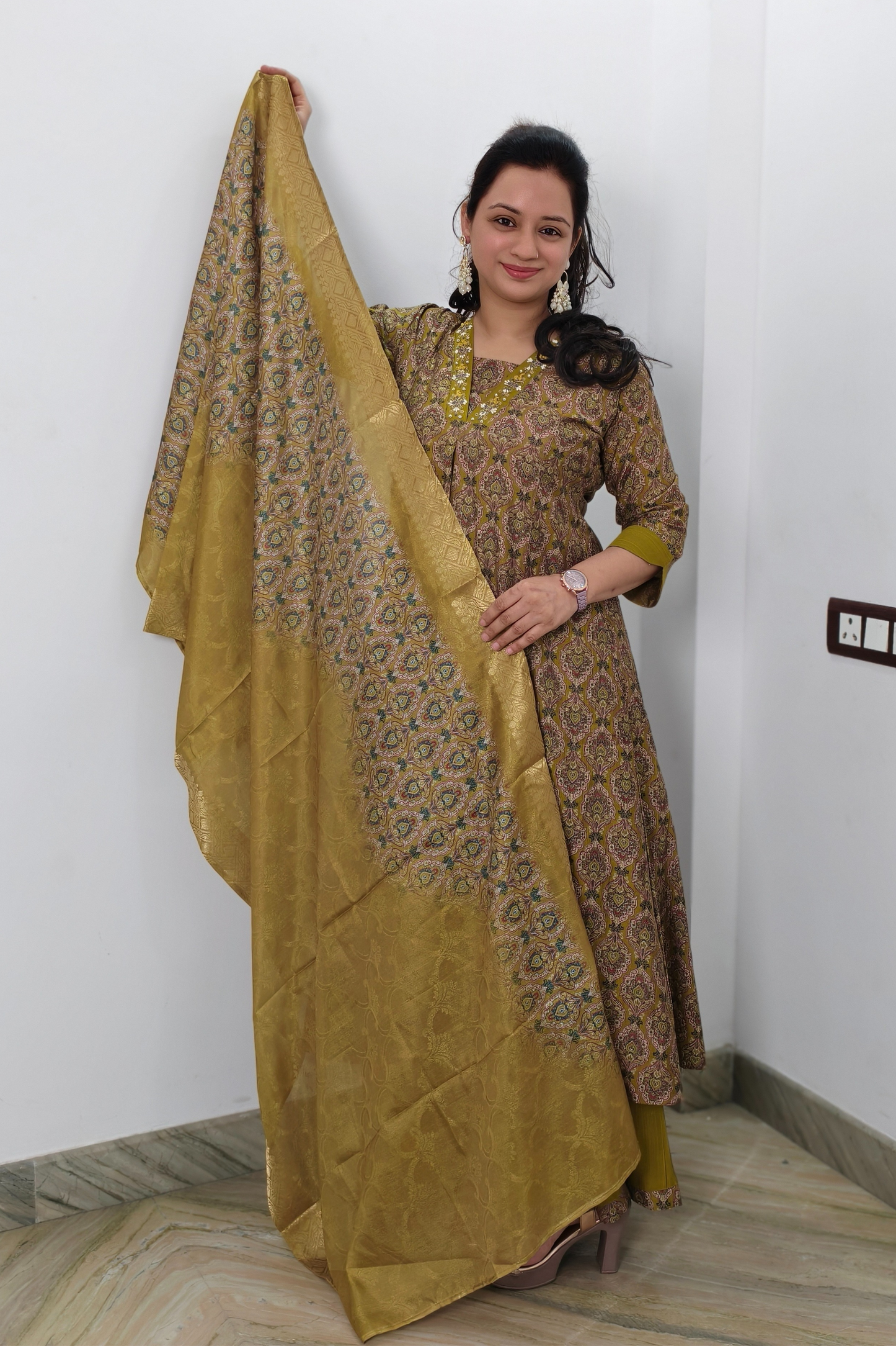 Stylish Silk Printed Aline Kurta Set in Mehndi Colour